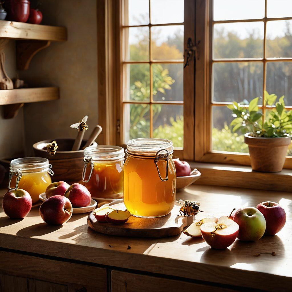 A warm, inviting kitchen scene featuring a jar of golden honey with bees buzzing around it, surrounded by fresh fruits like apples and pears. A wooden spoon dripping honey is poised above a bowl, while sunlight streams through a window, casting a cozy glow. Incorporate honeycomb textures in the background and accentuate a few healthy recipes laid out on the countertop. super-realistic. warm colors. natural lighting.