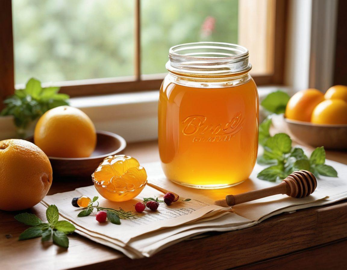 A visually stunning kitchen scene featuring a jar of amber-colored 3X honey on a wooden countertop, surrounded by fresh fruits, herbs, and a small honey dipper. Include a bright, inviting sunlight streaming through a window, highlighting the natural textures and colors of the ingredients. Show a cookbook open to a page about honey recipes, blending warmth and allure. super-realistic. vibrant colors. cozy atmosphere.