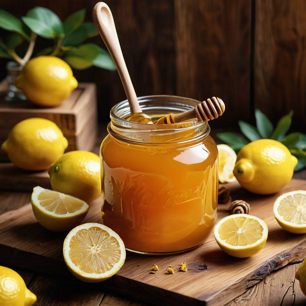 An artistic depiction of a luscious jar of honey surrounded by various kitchen staples like ginger, lemon, and turmeric, showcasing their natural remedy properties. The setting should have a rustic wooden table and soft warm lighting, conveying a sense of warmth and health. Include a spoon dripping with honey to emphasize its versatility. Vibrant colors. 3D. Nature-inspired.